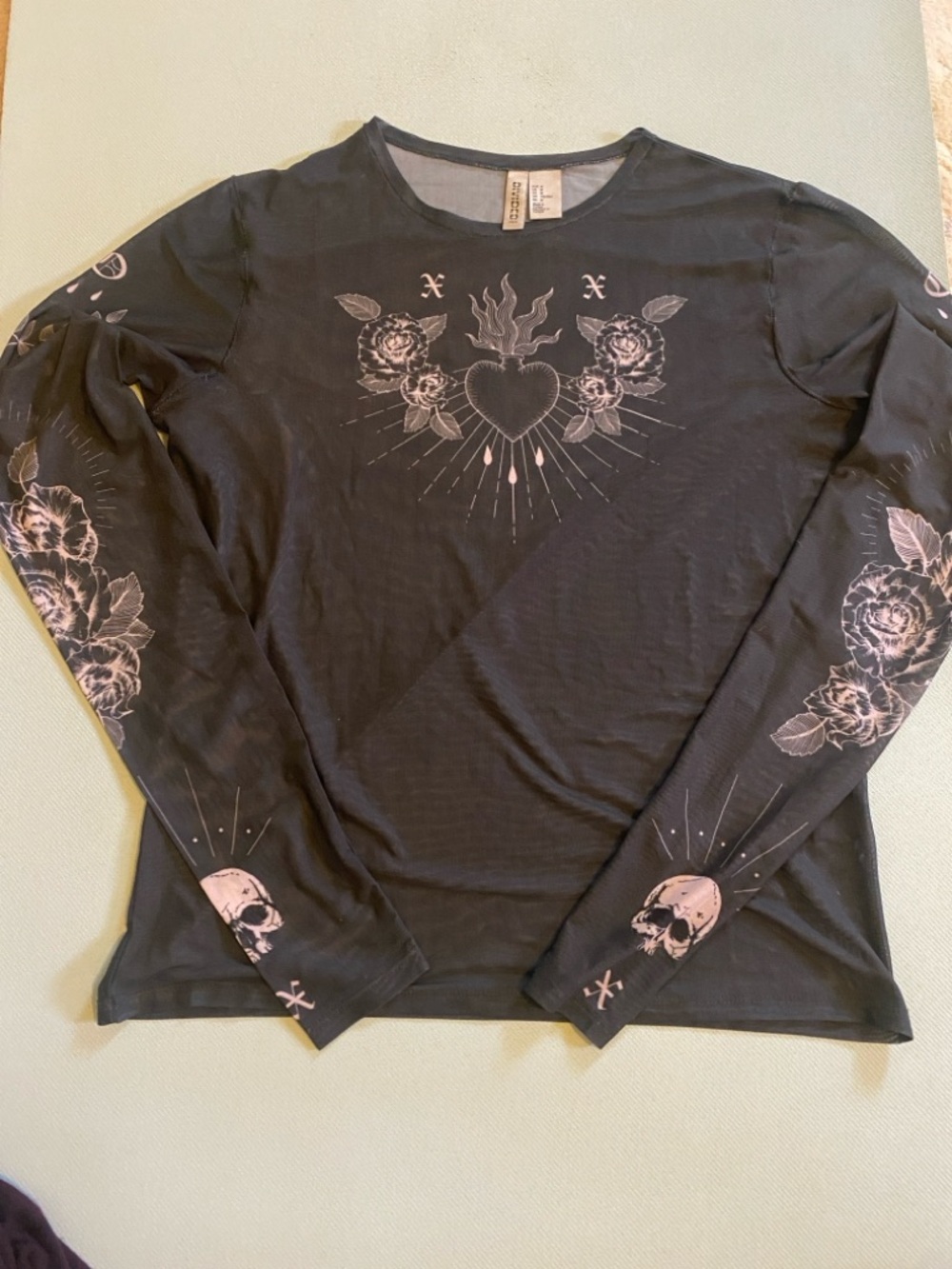 Sheer Black Long-Sleeve Tee with White Sacred Heart & Skull Print NWOT